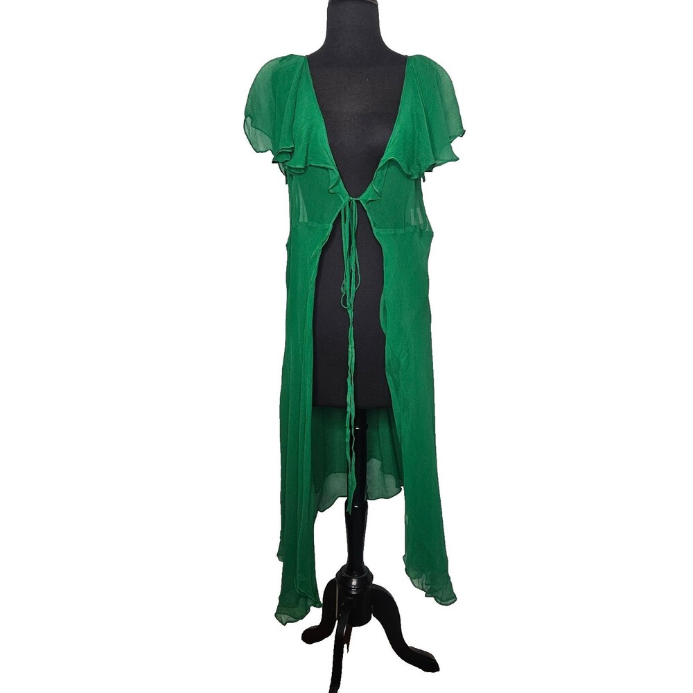 TULULA 100% Silk Duster Robe Large Green Fairy Ethereal Coquette Soft Girl
